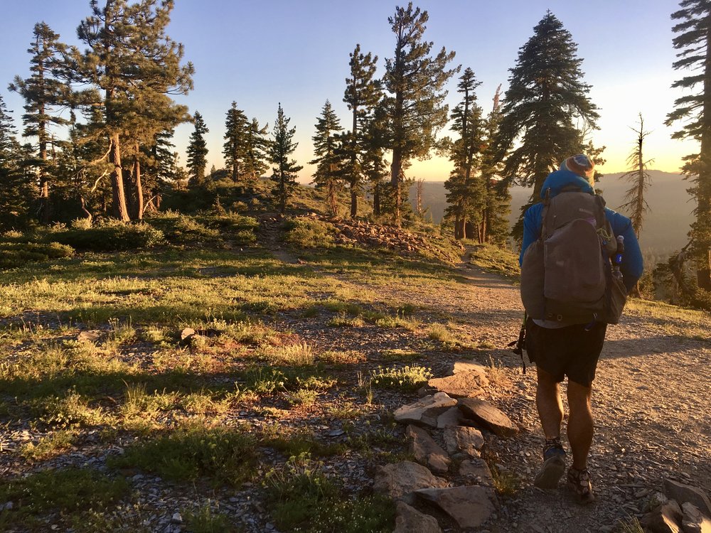 Blis hiking at sunrise somewhere after Sierra City, CA
